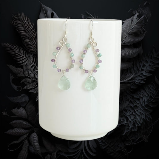 sterling silver earrings made with faceted amethyst and amazonite gemstones, accented with green fluorite