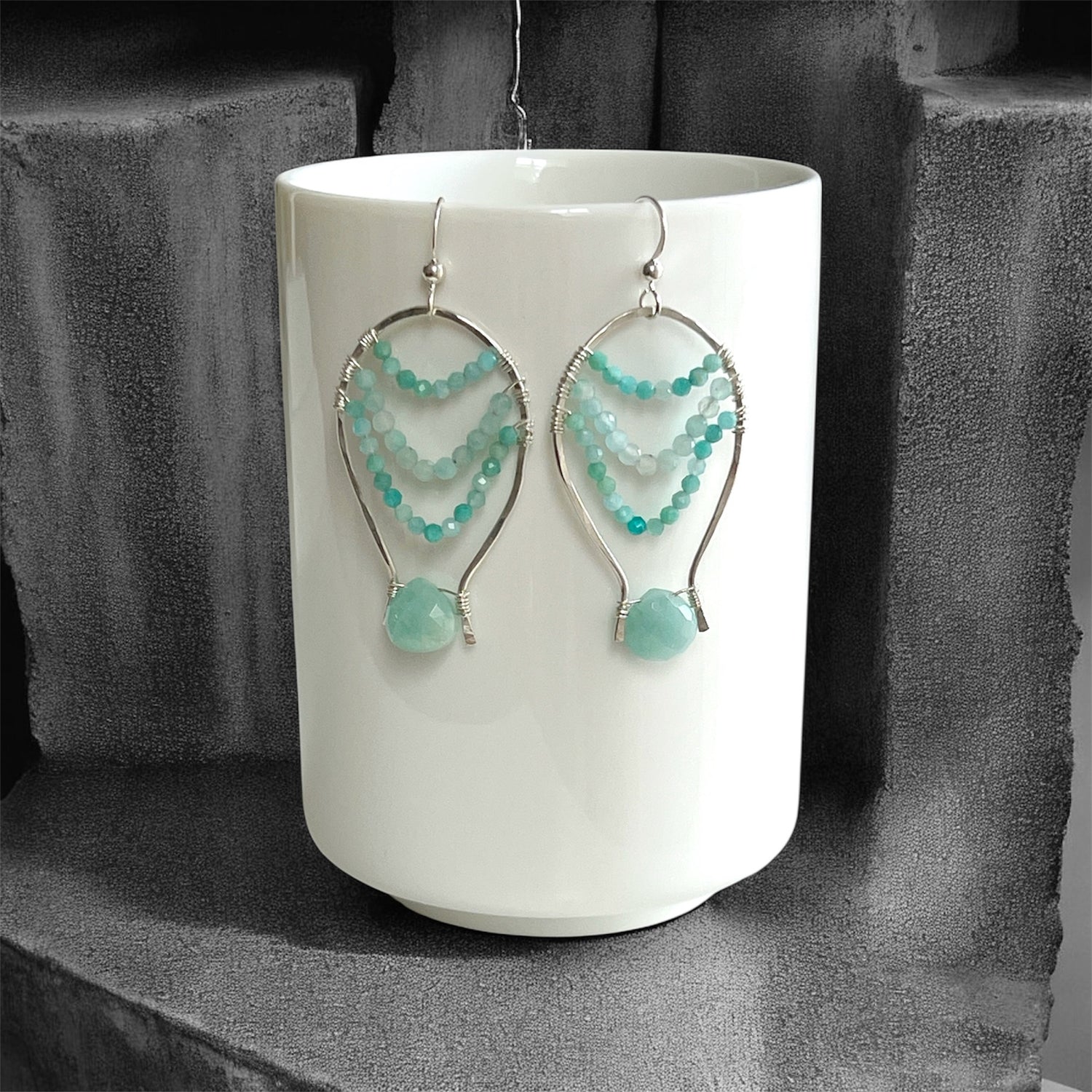Hand crafted statement chandelier earrings with sterling silver and faceted aquamarine 