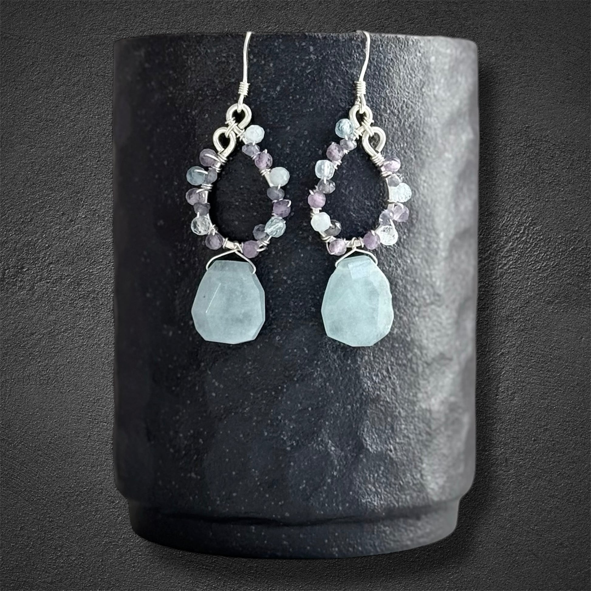 handcrafted sterling silver chandelier hoops with aquamarine drop, amethyst and iolite