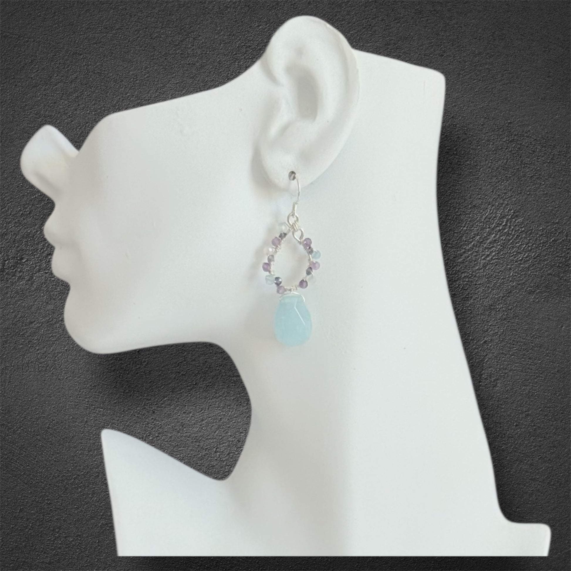 handmade in the usa, sterling silver chandelier hoops with aquamarine drop, amethyst and iolite