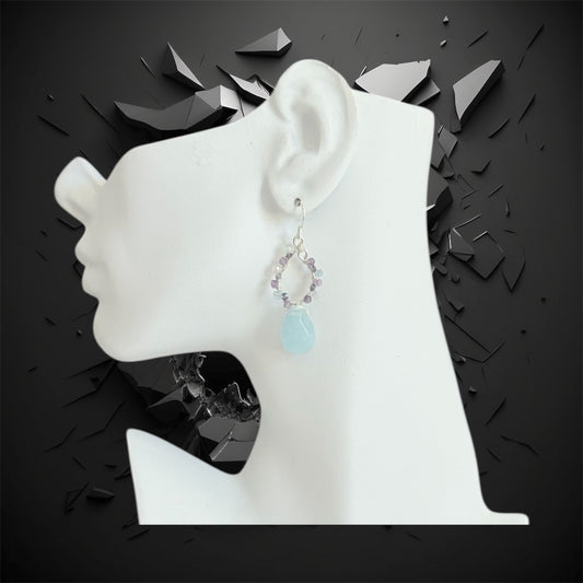 handmade in the usa, sterling silver chandelier hoops with aquamarine drop, amethyst and iolite
