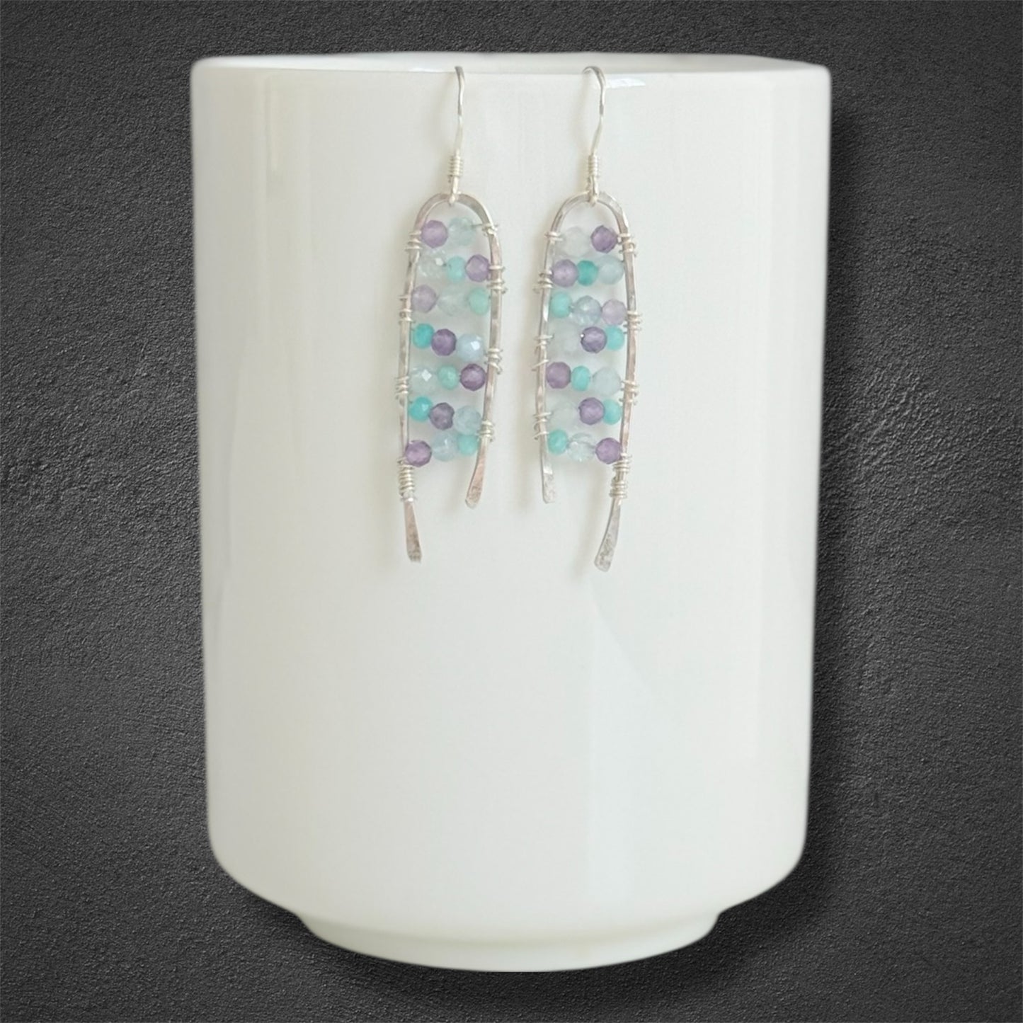 Sterling silver drop earrings with amethyst, aquamarine and green amazonite