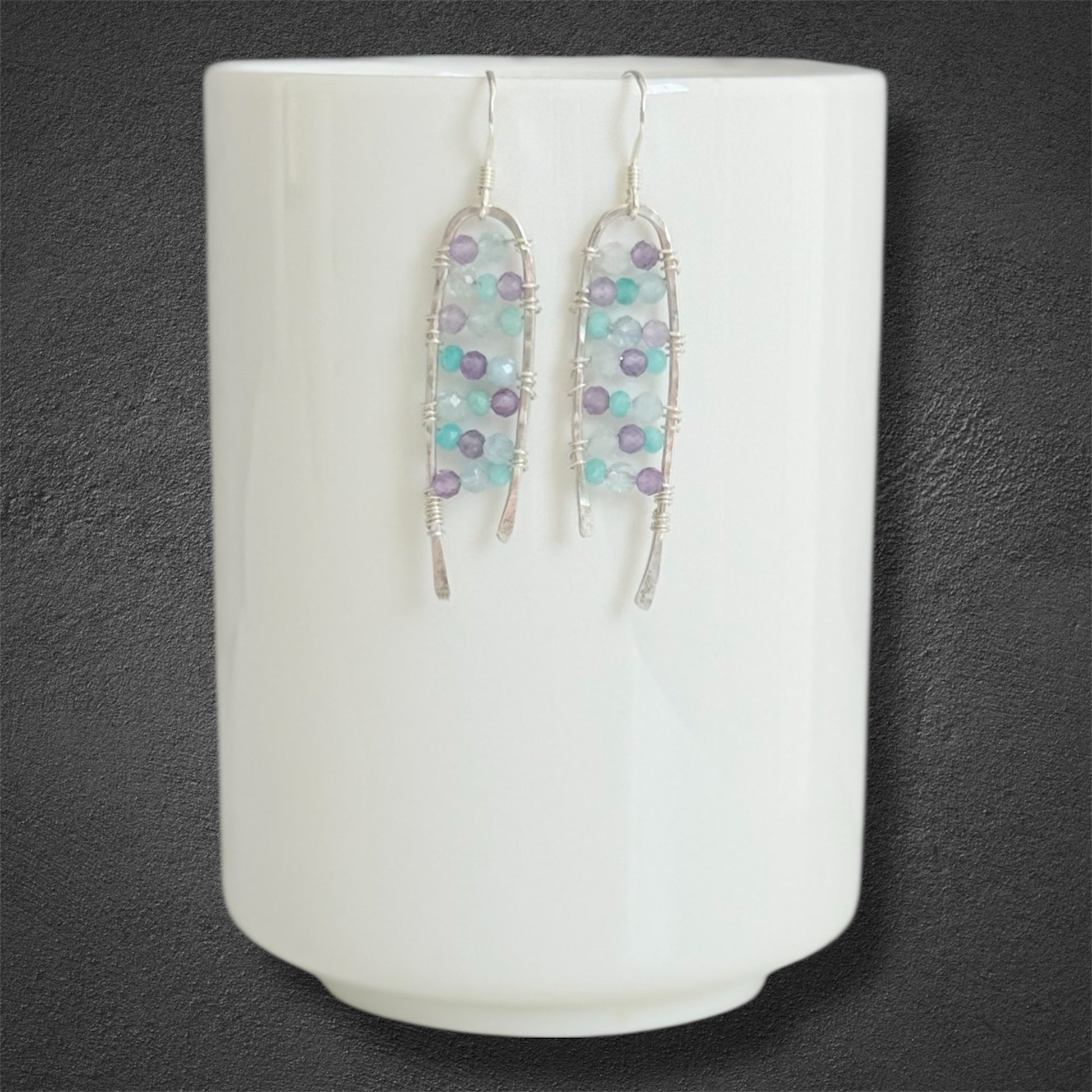 Sterling silver drop earrings with amethyst, aquamarine and green amazonite