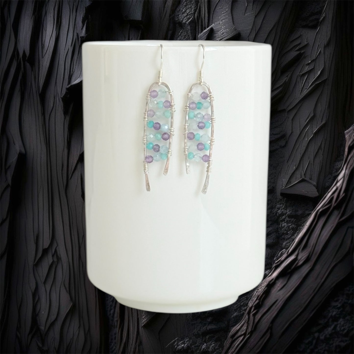 Sterling silver drop earrings with amethyst, aquamarine and green amazonite