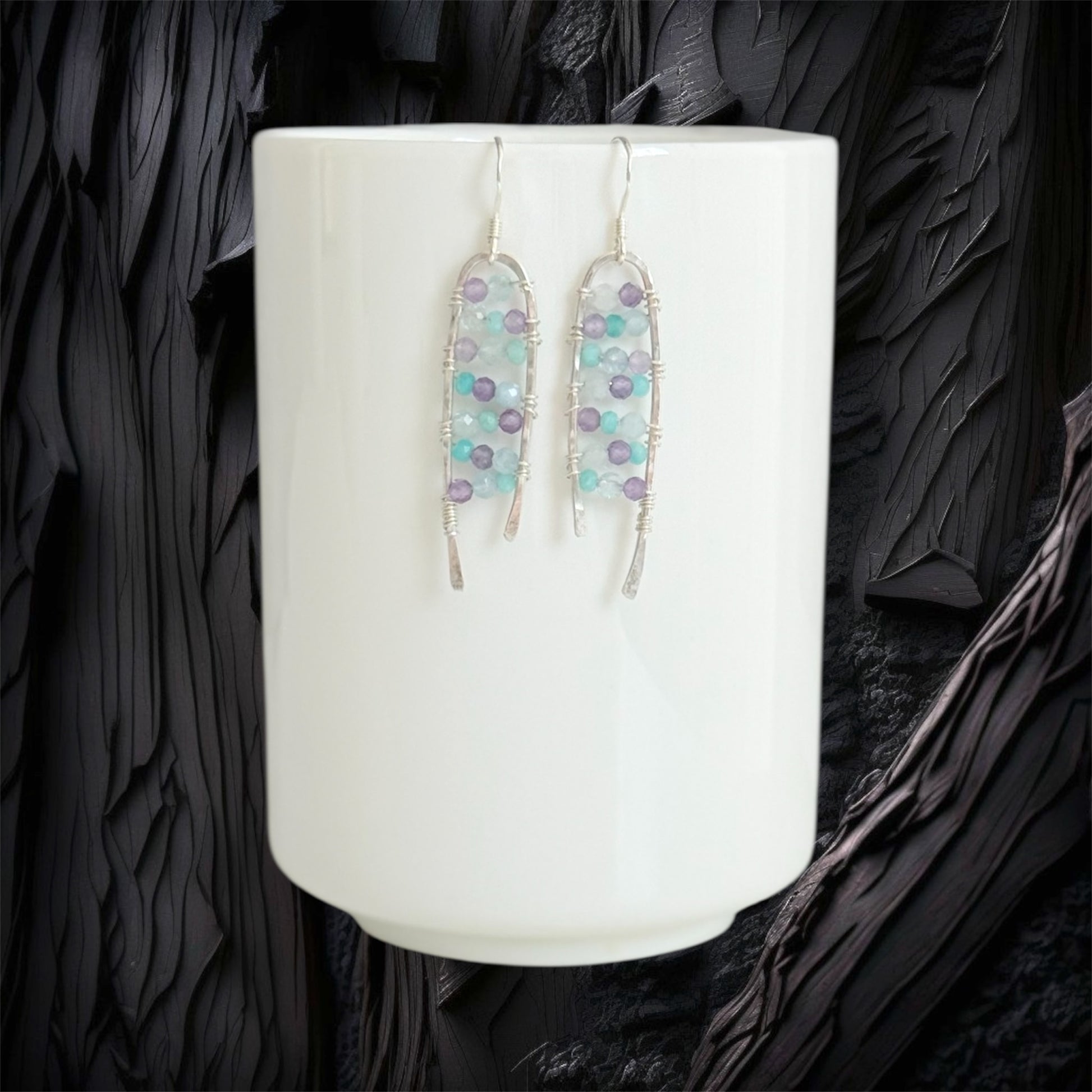 Sterling silver drop earrings with amethyst, aquamarine and green amazonite