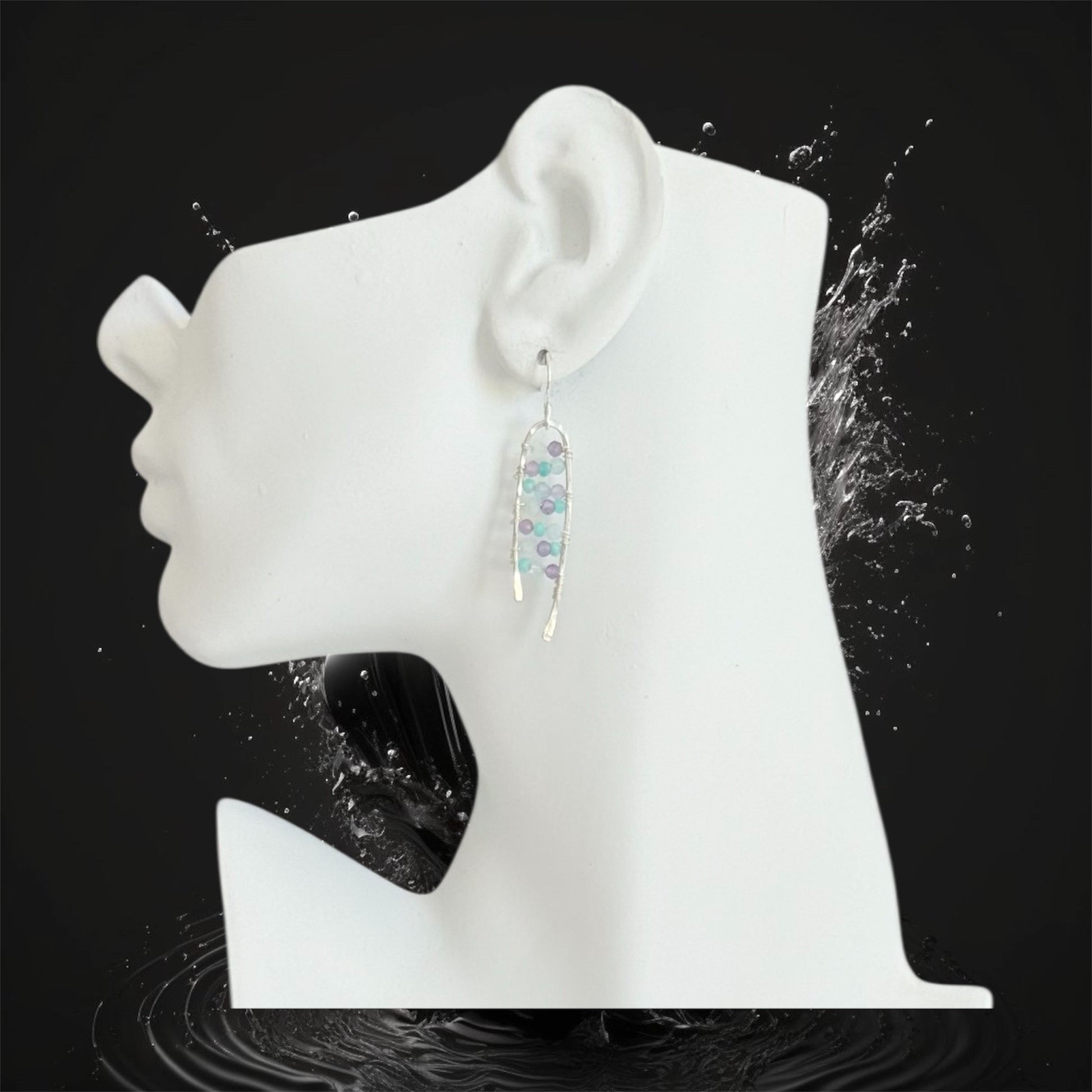 Sterling silver drop statement earrings, handcrafted with faceted amethyst, amazonite and aquamarine 