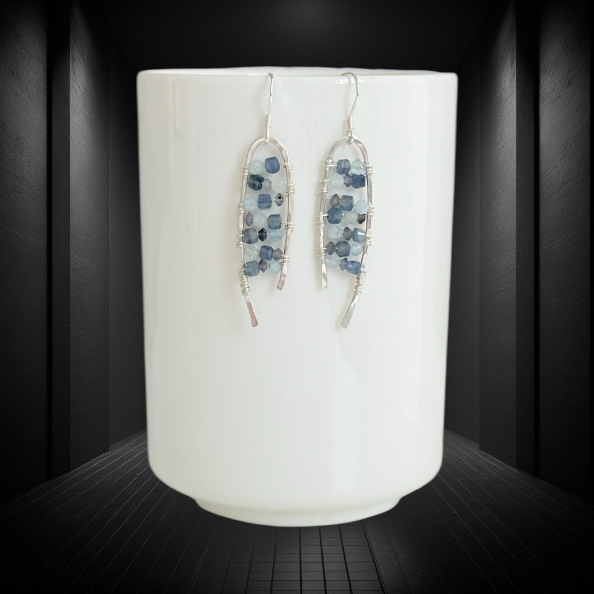 Sterling silver drop handmade earrings with faceted cut iolite, kyanite and aquamarine gemstones