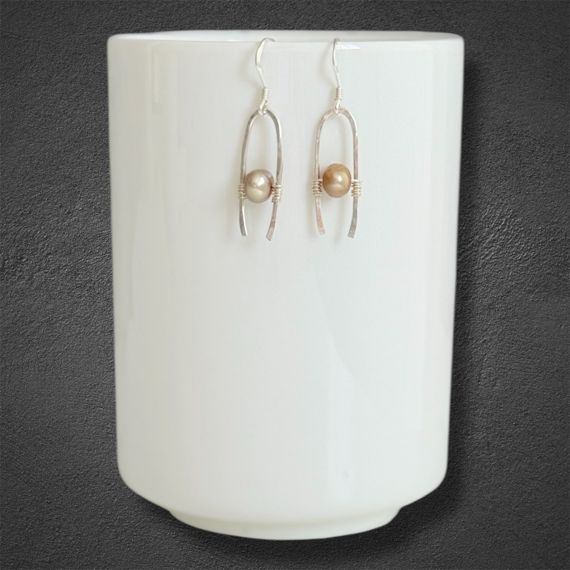 Handmade silver drop earrings with genuine tan/sand fresh water cultured pearls