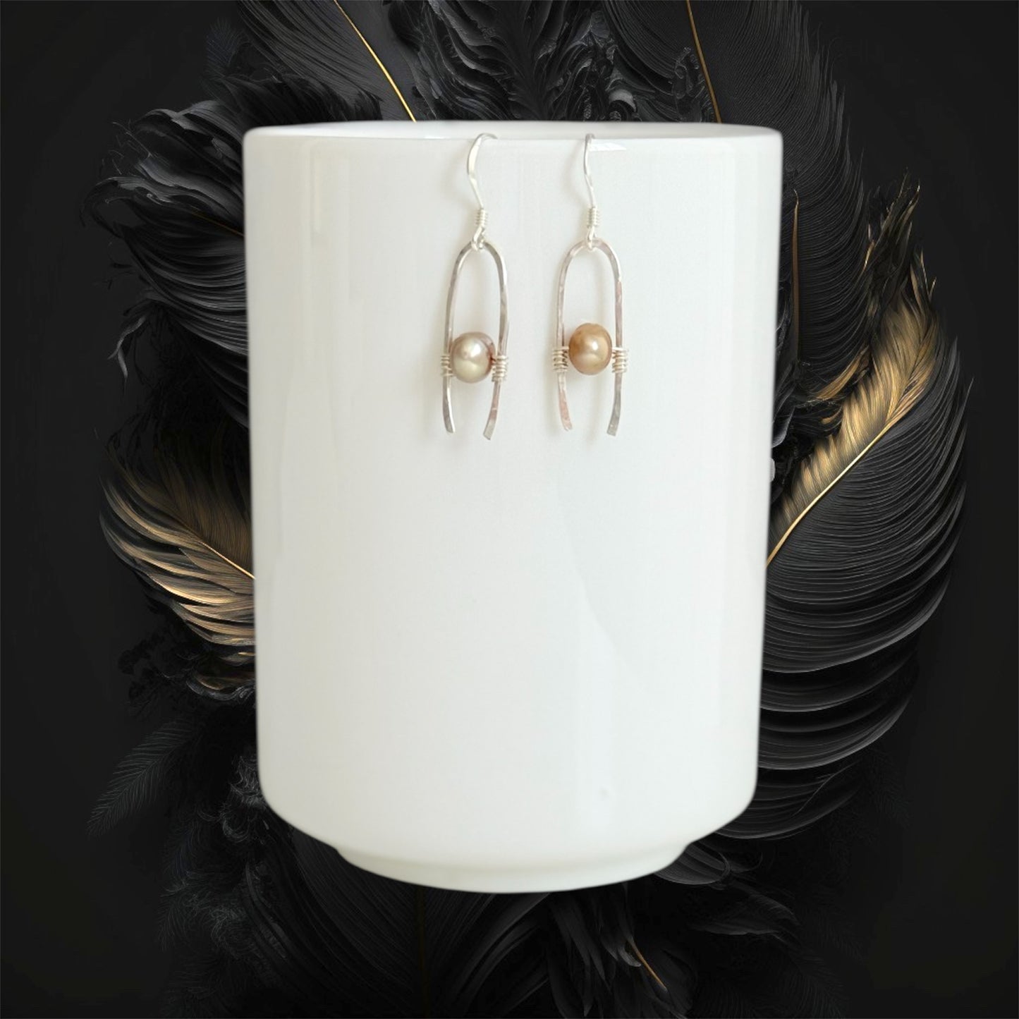 Handmade silver drop earrings with genuine tan/sand fresh water cultured pearls