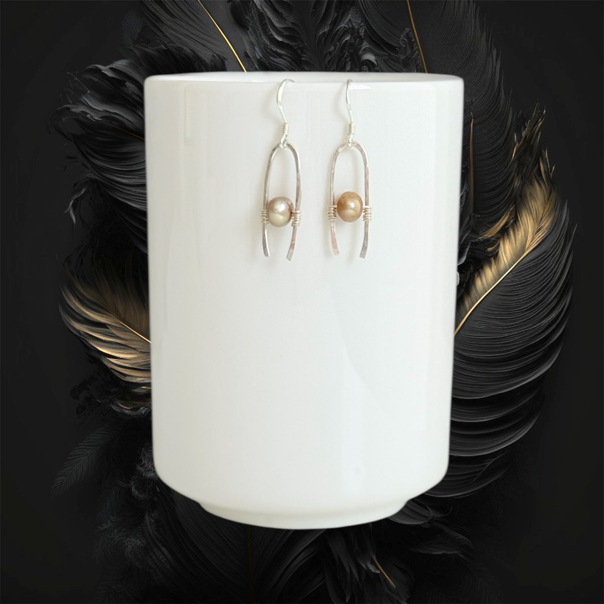 Handmade silver drop earrings with genuine tan/sand fresh water cultured pearls