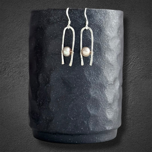 Handmade silver drop earrings with genuine tan/sand fresh water cultured pearls