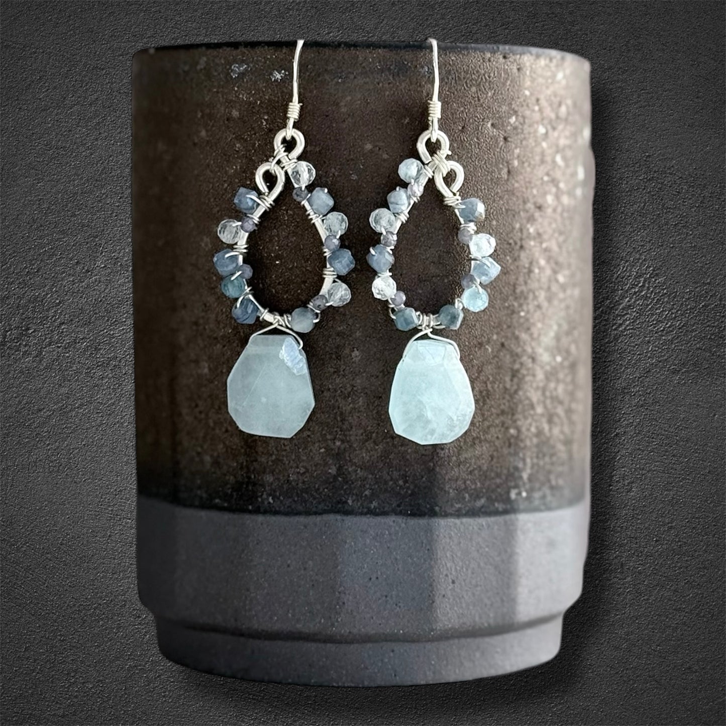 sterling silver earrings with aquamarine, kyanite and tanzanite gemstones in teardrop design