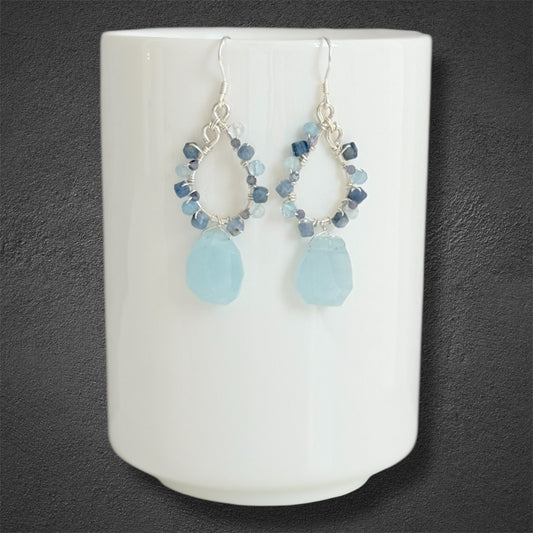 sterling silver earrings with aquamarine, kyanite and tanzanite gemstones in teardrop design