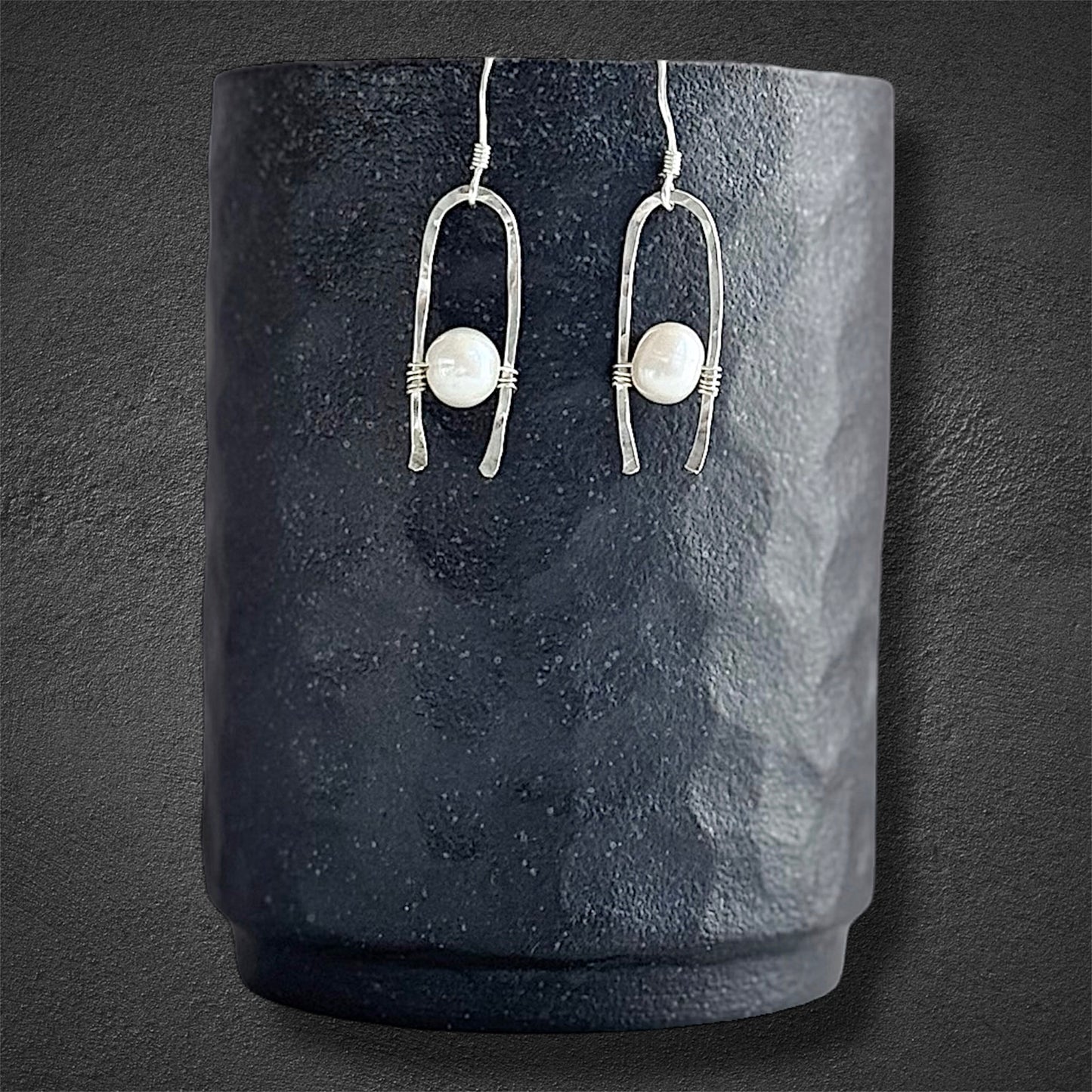 Handcrafted sterling silver statement earrings with white pearl