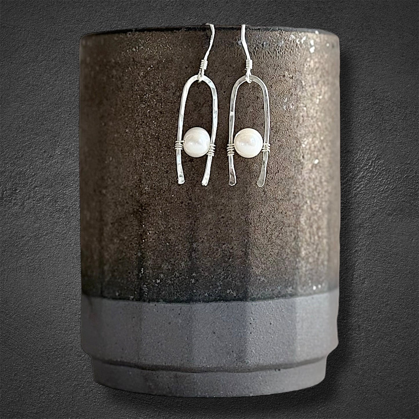 Handcrafted sterling silver unique earrings with white freshwater curated pearl 