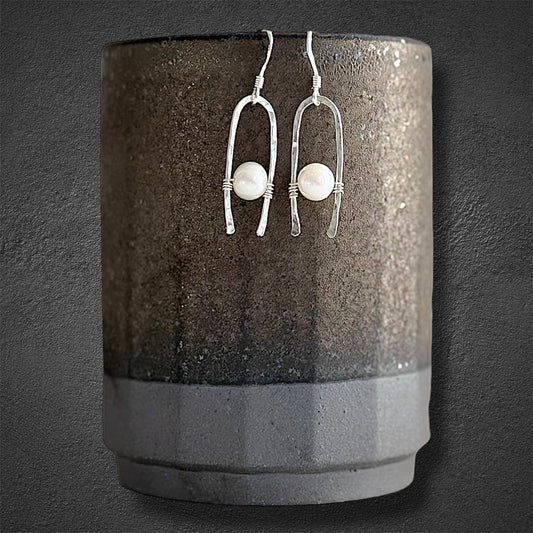 Handcrafted sterling silver unique earrings with white freshwater curated pearl 